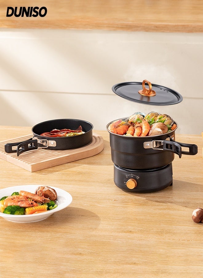 DUNISO Multi-functional Electric Frying Pan Split Design Folding Electric Boiling Pot Portable Non-Stick Electric Multi Cooker Pot with Egg Steaming Stand 2 Gear Rapid Heating Detachable Hot Pot and Baking Tray - Image 1