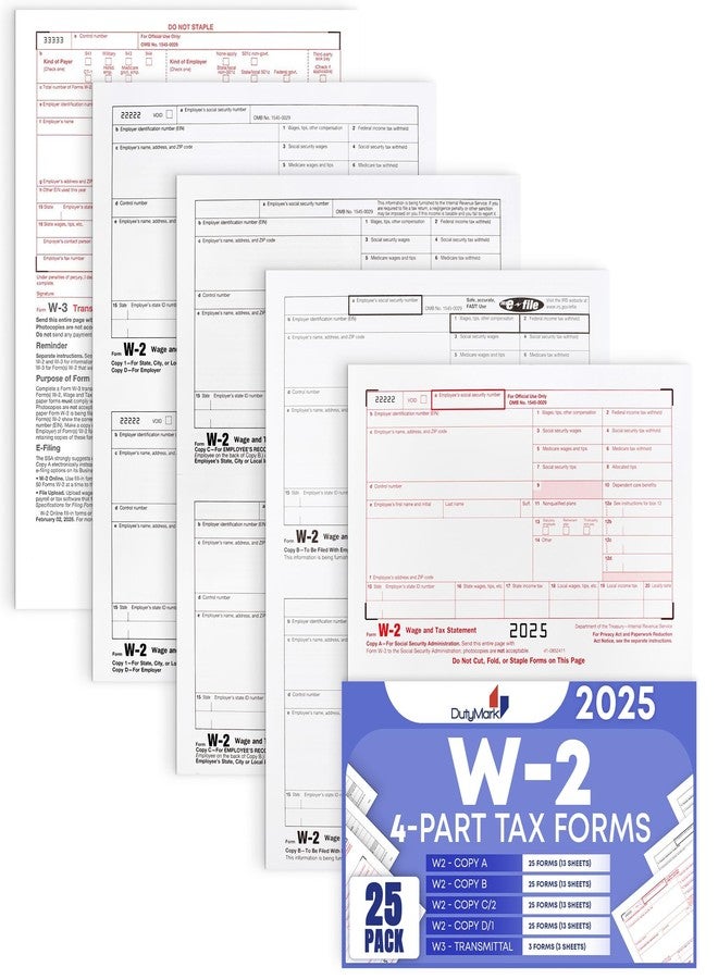 Dutymark W2 Tax Forms for 2024, 4 Part W2 Forms for 25 Employees - Compatible with Quickbooks and Accounting Software Works for Laser and Inkjet Printers - IRS-Compatible - Image 1