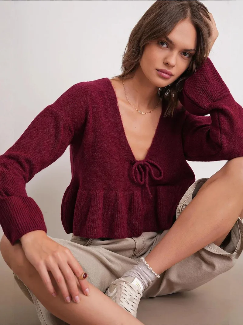 MixRay Mixray Tie Detailed Ruffled V-Neck Knit Sweater