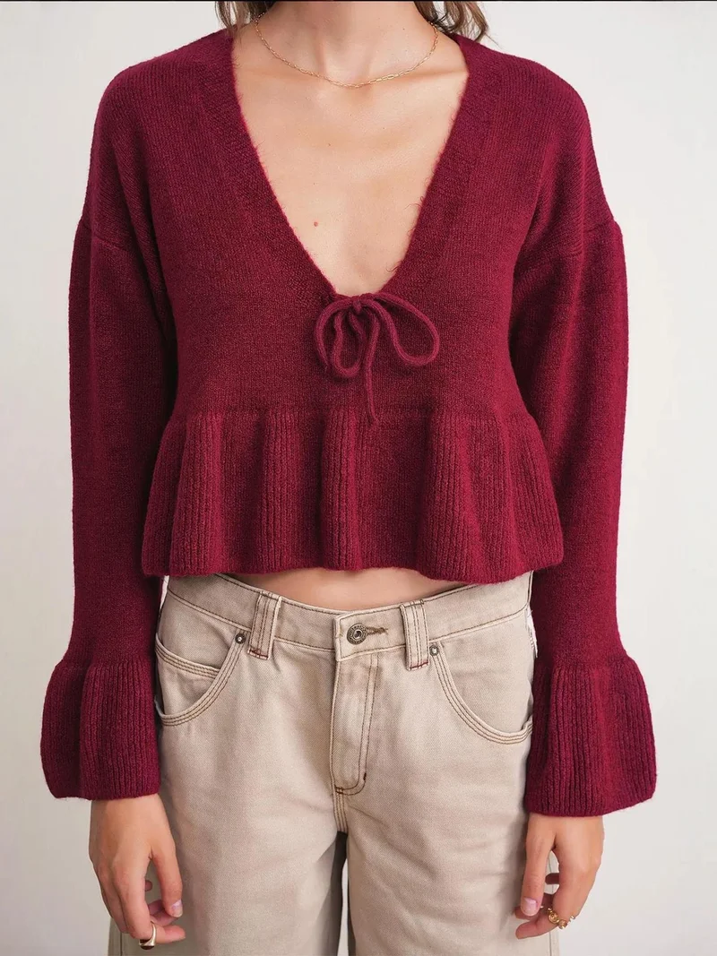 MixRay Burgundy Red Mixray Tie Detailed Ruffled V-Neck Knit Sweater for Women | Best Price UAE