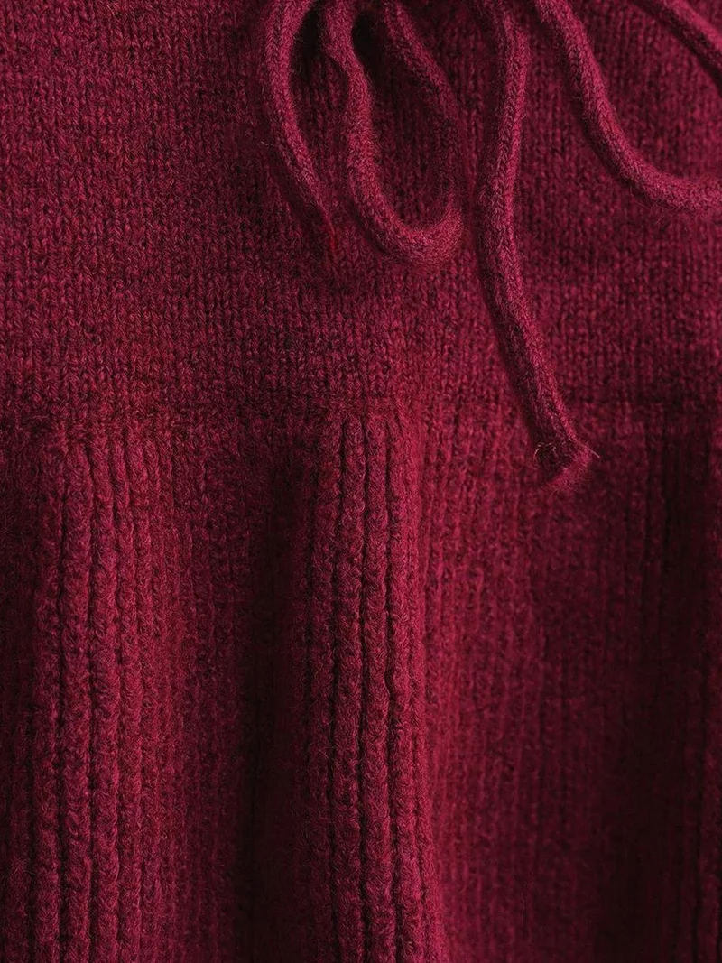 MixRay Burgundy Red Mixray Tie Detailed Ruffled V-Neck Knit Sweater for Women | Best Price UAE