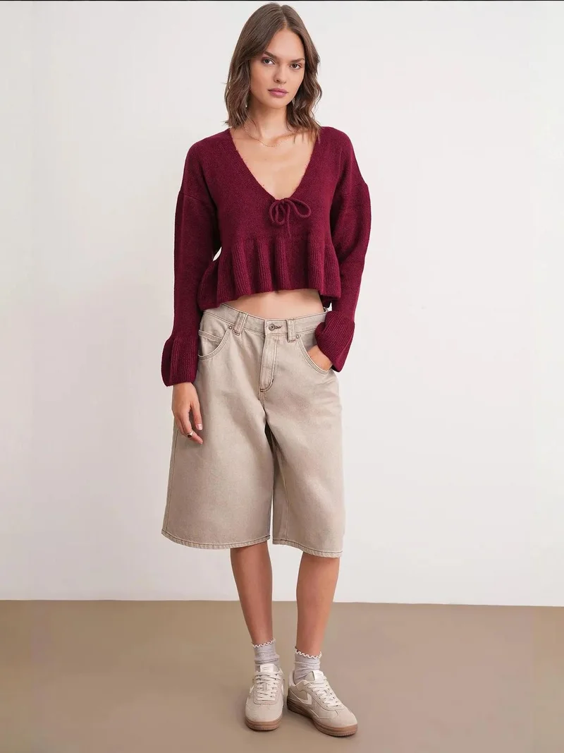MixRay Mixray Tie Detailed Ruffled V-Neck Knit Sweater