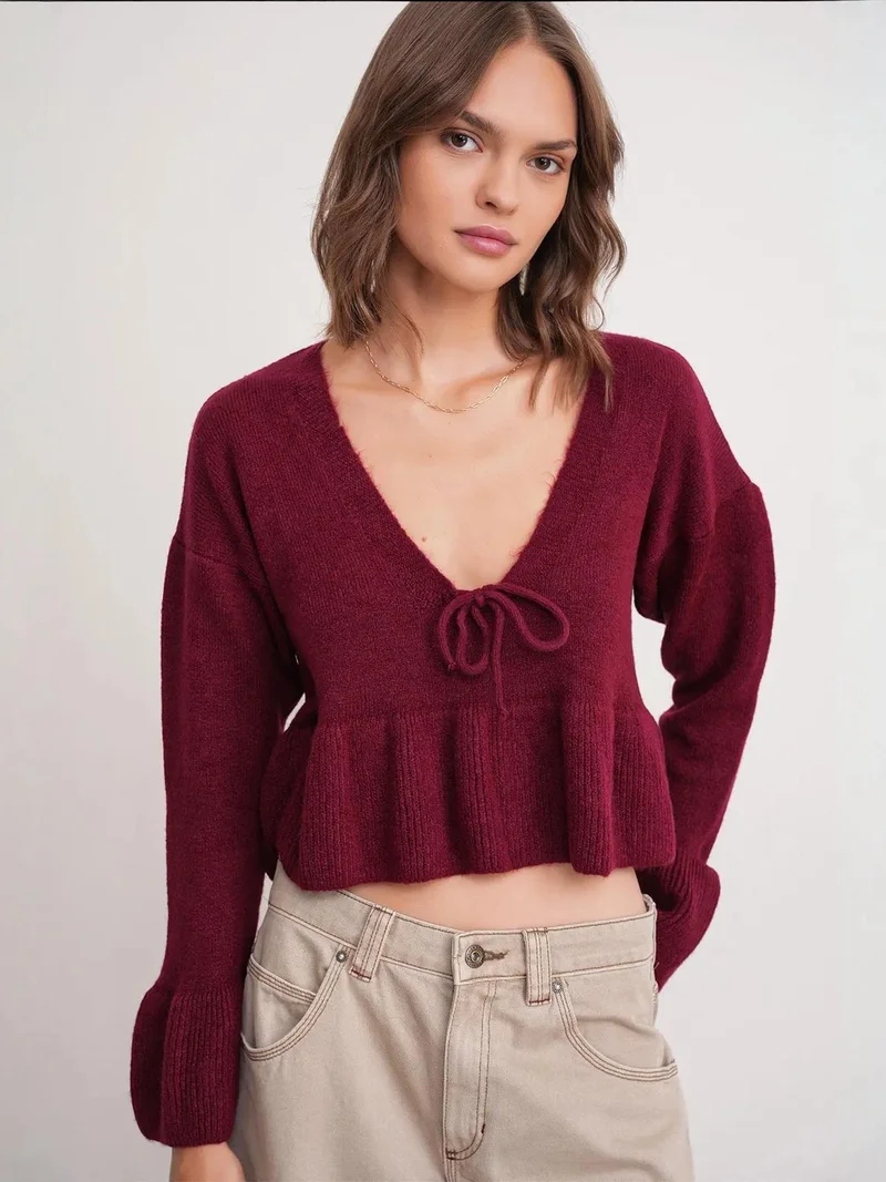 MixRay Burgundy Red Mixray Tie Detailed Ruffled V-Neck Knit Sweater for Women | Best Price UAE