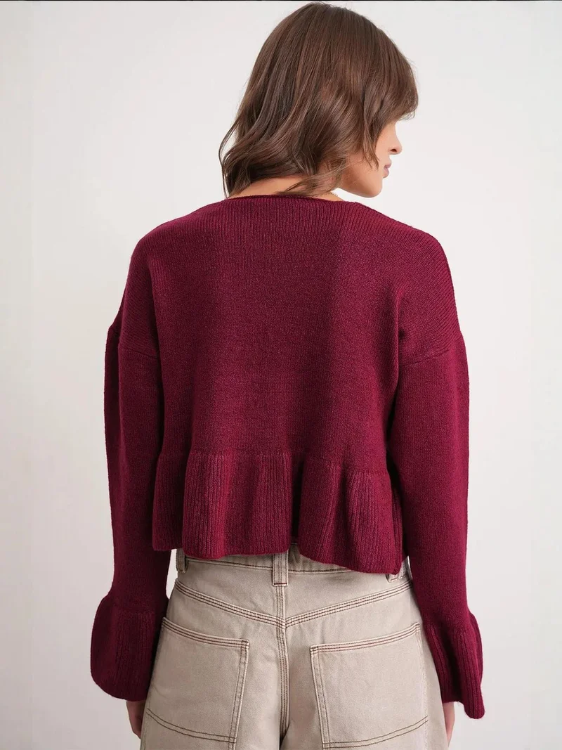 MixRay Burgundy Red Mixray Tie Detailed Ruffled V-Neck Knit Sweater for Women | Best Price UAE