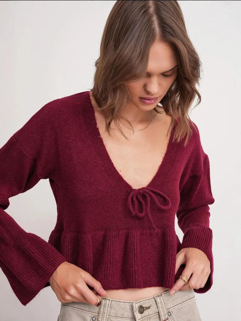 MixRay Burgundy Red Mixray Tie Detailed Ruffled V-Neck Knit Sweater for Women | Best Price UAE