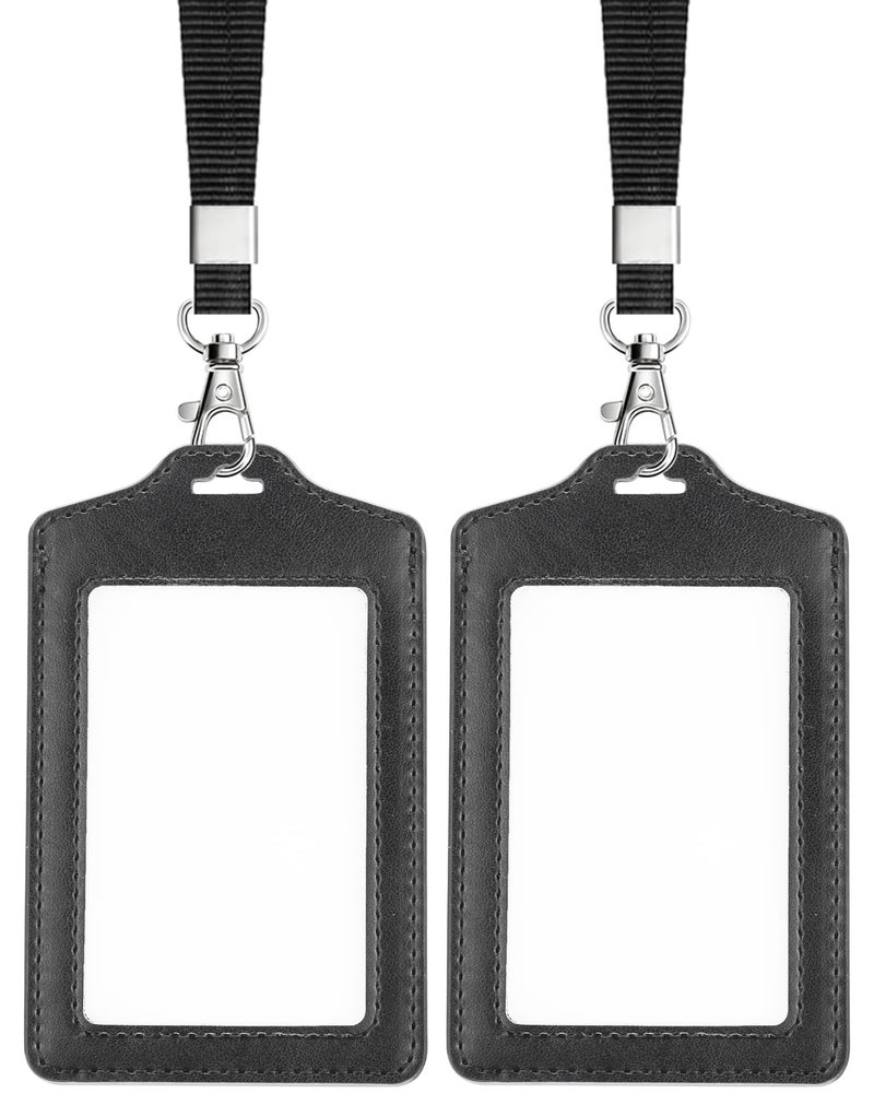 Teskyer 2 Pack Double Sided Clear Badge Holder with Lanyard, PU Leather ID Badge Name Card Holder with Stainless Steel J-Hook Nylon Lanyard for Work, School, Metro, Access, Black - Image 2