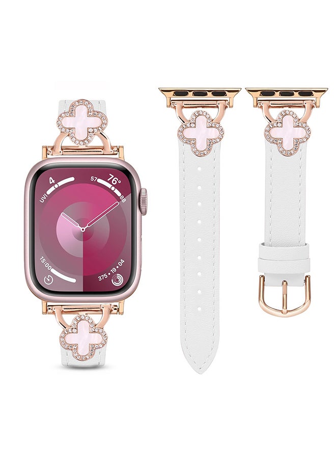 O Ozone Leather Band For Apple Watch Series 10 9 8 7 6 5 4 SE, 38/40/41/42mm Slim Thin Dressy Diamond Strap Four Leaf Clover Bling Cute Band Women- White - Image 1
