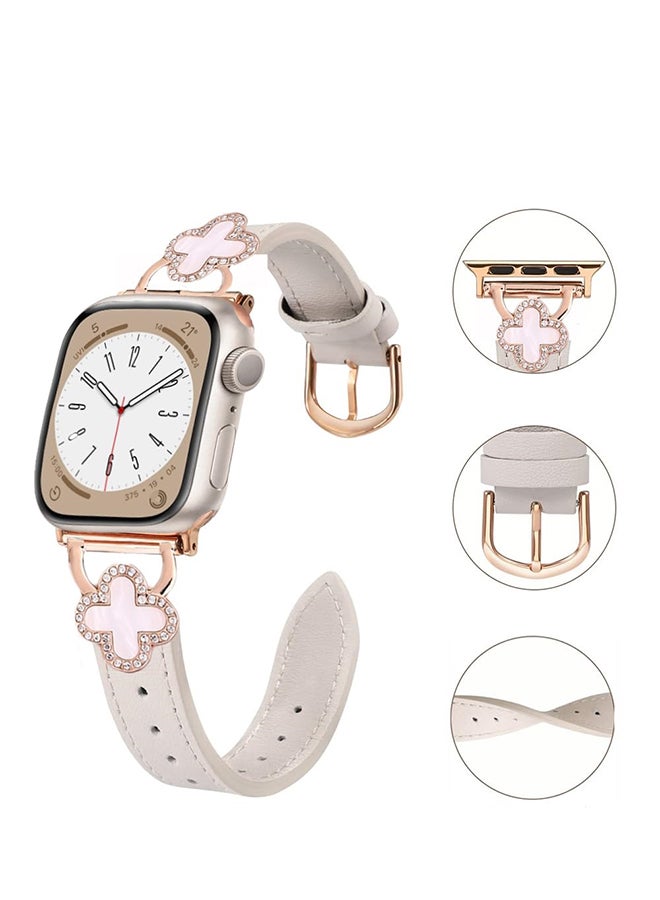 O Ozone Leather Band For Apple Watch Series 10 9 8 7 6 5 4 SE, 38/40/41/42mm Slim Thin Dressy Diamond Strap Four Leaf Clover Bling Cute Band Women- White - Image 2