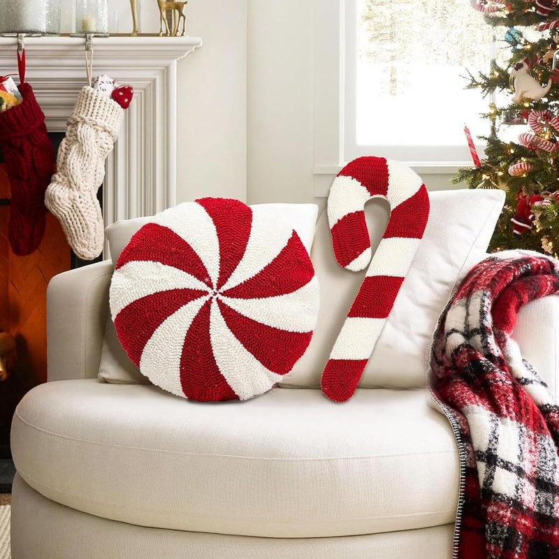 klarako Candy Cane Throw Pillows, Christmas Pillows, Christmas Candy Canes, Peppermint Candy Pillow, Red And White Christmas Decorations Cute Fluffy Plush Pillows Winter Home Decor Couch Cushions Living Room - Image 1