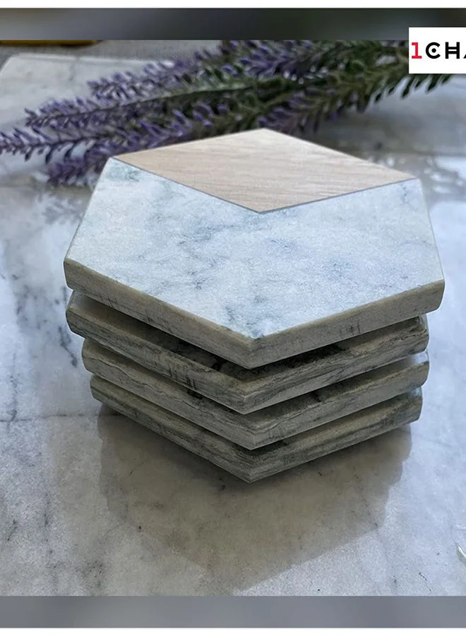 1Chase 4-Piece Marble And Acacia Wood Hexagon Coasters Cups Place Mats For Home Décor