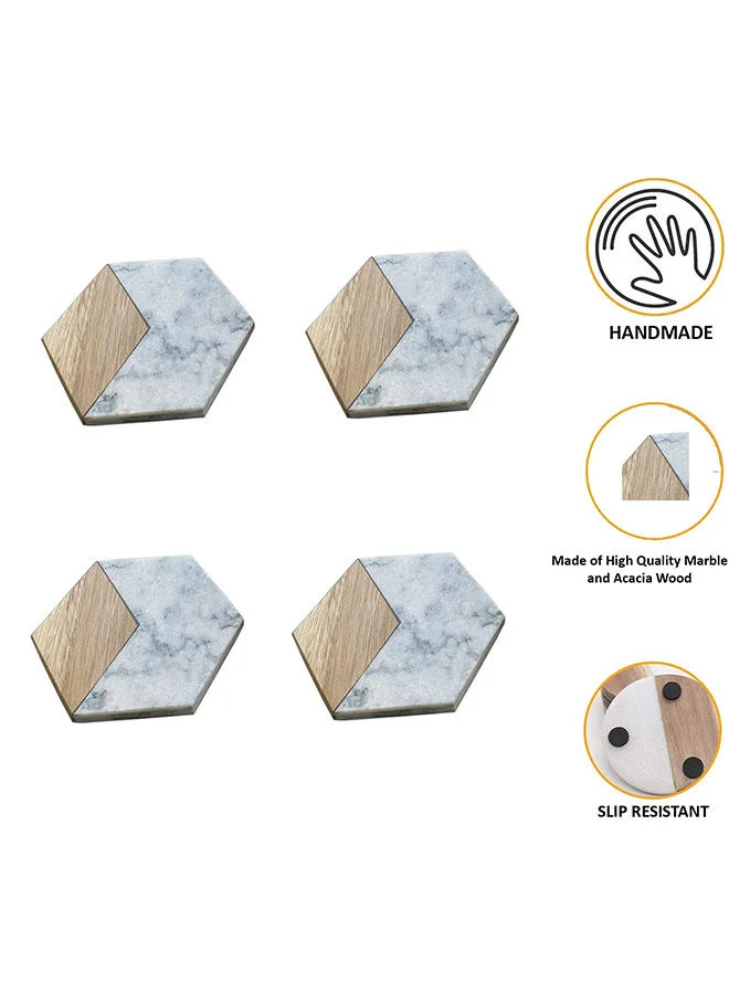 1Chase  4-Piece Marble And Acacia Wood Hexagon Coasters Cups Place Mats For Home Décor  | Best Price UAE