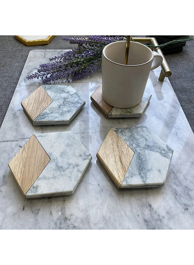 1Chase  4-Piece Marble And Acacia Wood Hexagon Coasters Cups Place Mats For Home Décor  | Best Price UAE