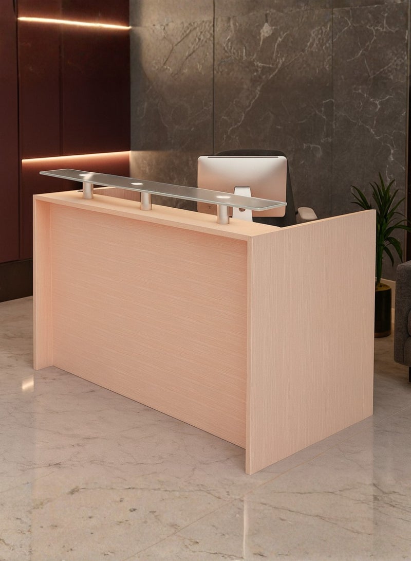 Karnak Modern Wooden Reception Desk with Glass Shelf – Front Counter with Lockable Drawers, Spacious Workstation & Elegant Light Wood Finish for Offices, Clinics, Salons & Hotels - Image 1