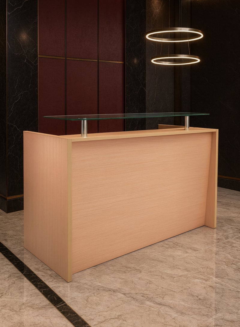 Karnak Modern Wooden Reception Desk with Glass Shelf – Front Counter with Lockable Drawers, Spacious Workstation & Elegant Light Wood Finish for Offices, Clinics, Salons & Hotels - Image 3