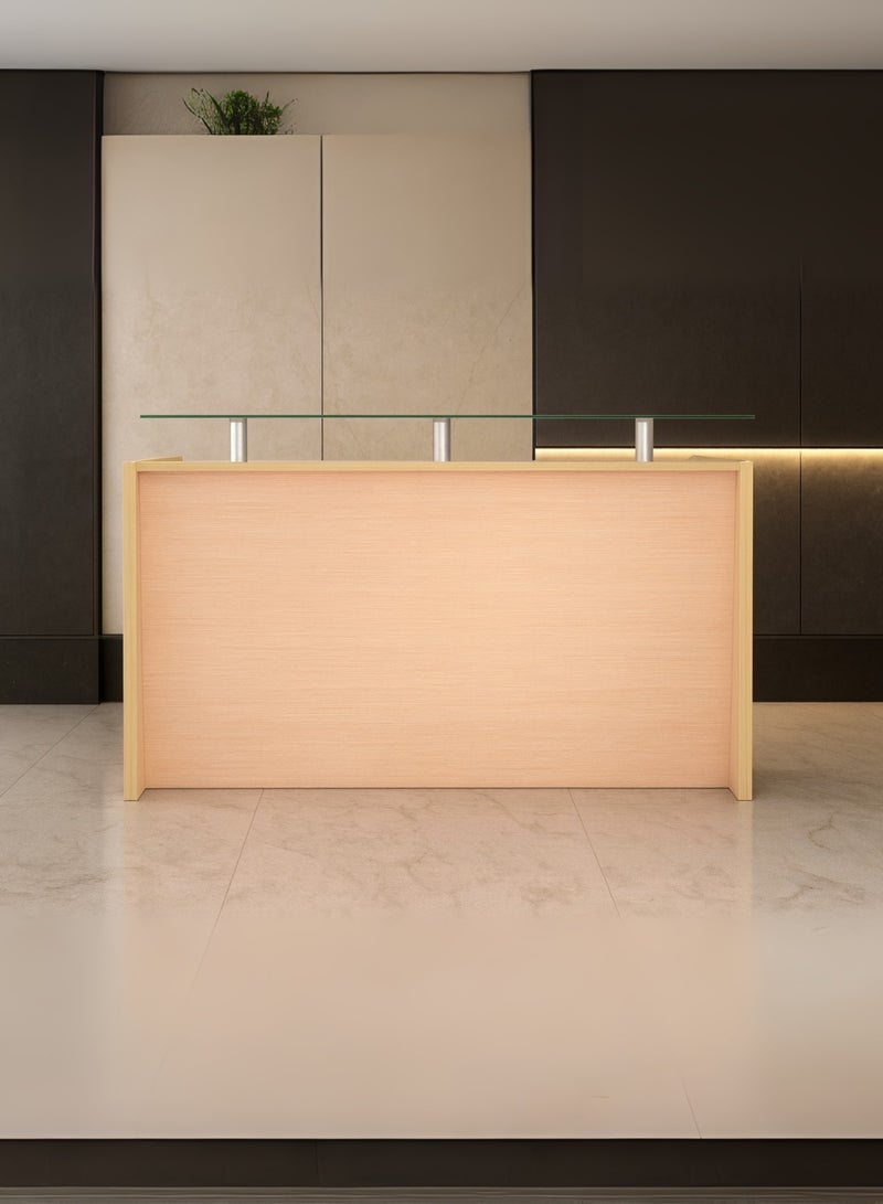 Karnak Modern Wooden Reception Desk with Glass Shelf – Front Counter with Lockable Drawers, Spacious Workstation & Elegant Light Wood Finish for Offices, Clinics, Salons & Hotels - Image 2