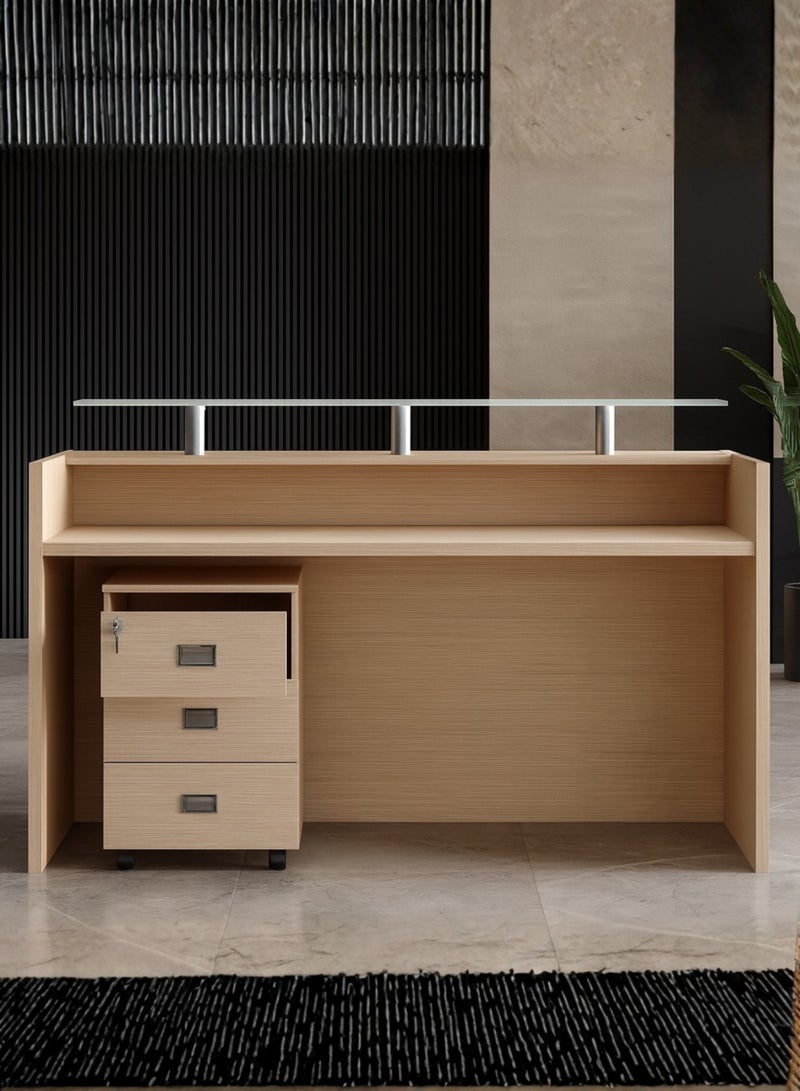 Karnak Modern Wooden Reception Desk with Glass Shelf – Front Counter with Lockable Drawers, Spacious Workstation & Elegant Light Wood Finish for Offices, Clinics, Salons & Hotels - Image 4
