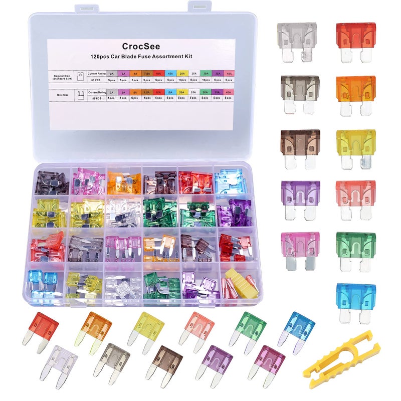 CrocSee 120 Pieces - Car Fuses Assortment Kit, Blade-Type Automotive Fuses - Standard & Mini Size (2A/3A/5A/7.5A/10A/15A/ 20A/25A/30A/35A/40A), Replacement Fuses for Car/RV/Truck/Motorcycle/Boat