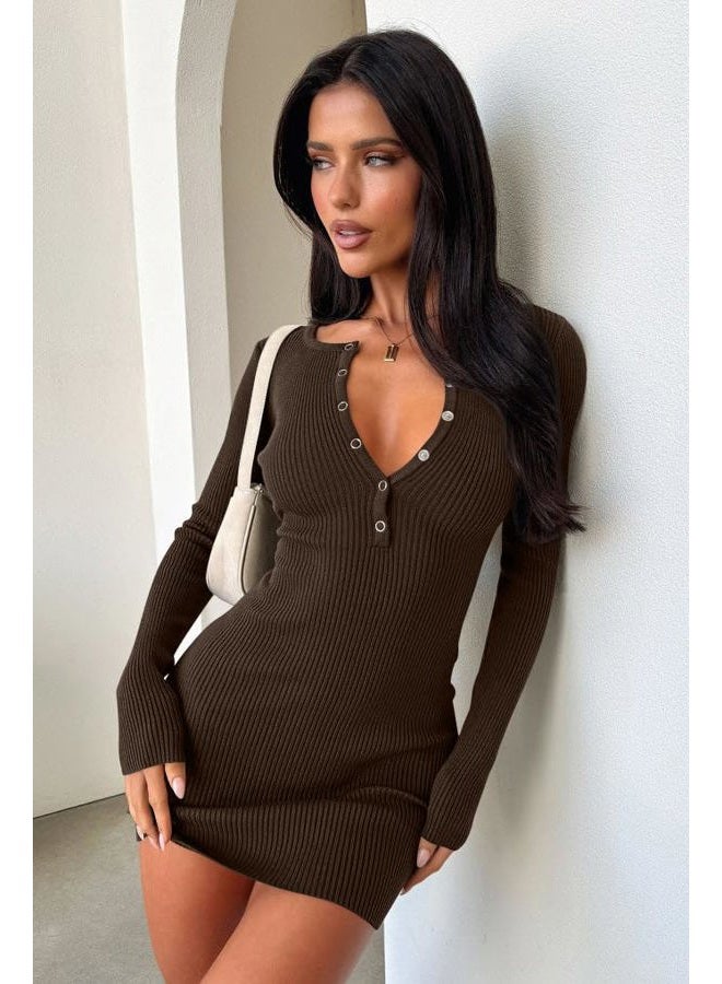 OQQ Long Sleeve Mini Dress Women Ribbed Tummy Control Club Party Dresses 2025 Fall Winter Staple, Darkbrown, L - Image 2