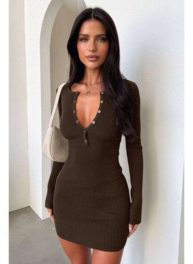 OQQ Long Sleeve Mini Dress Women Ribbed Tummy Control Club Party Dresses 2025 Fall Winter Staple, Darkbrown, L - Image 4
