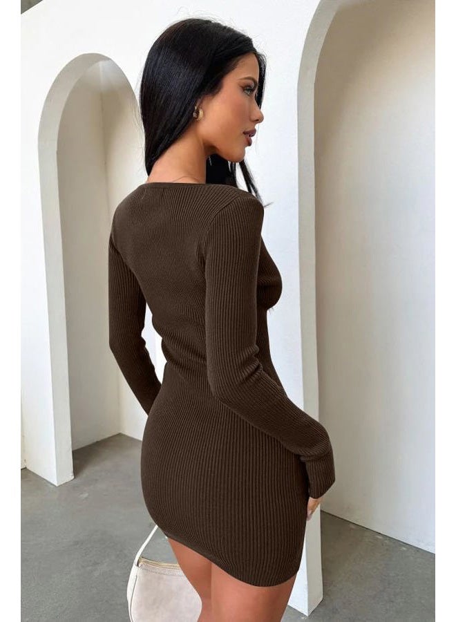 OQQ Long Sleeve Mini Dress Women Ribbed Tummy Control Club Party Dresses 2025 Fall Winter Staple, Darkbrown, L - Image 3