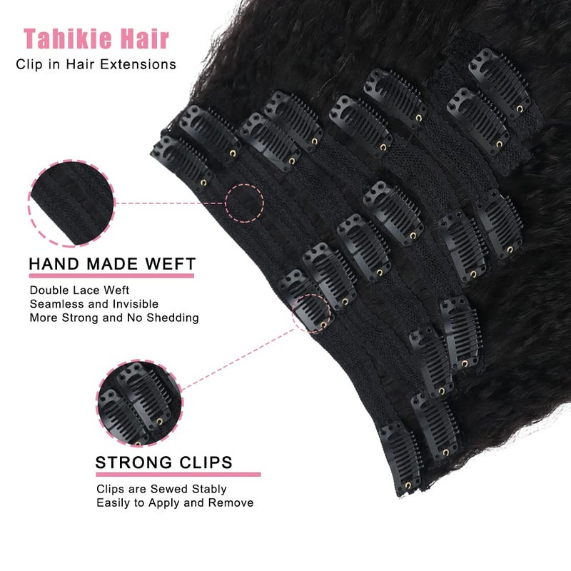 Tahikie Kinky Straight Human Hair Clip in Extensions 120g Full Head Clip ins for Women 100% Unprocessed Brazilian Virgin Human Hair Yaki Straight Clip ins Remy Hair Natural Black 8Pcs 18Clips 16inch - Image 3