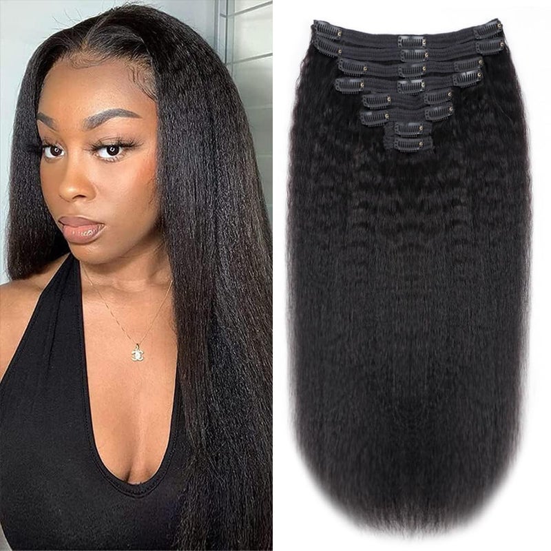 Tahikie Kinky Straight Human Hair Clip in Extensions 120g Full Head Clip ins for Women 100% Unprocessed Brazilian Virgin Human Hair Yaki Straight Clip ins Remy Hair Natural Black 8Pcs 18Clips 16inch - Image 1