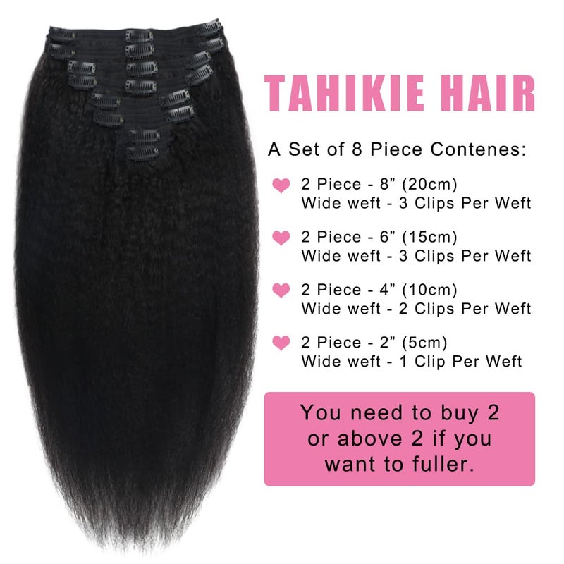 Tahikie Kinky Straight Human Hair Clip in Extensions 120g Full Head Clip ins for Women 100% Unprocessed Brazilian Virgin Human Hair Yaki Straight Clip ins Remy Hair Natural Black 8Pcs 18Clips 16inch - Image 2