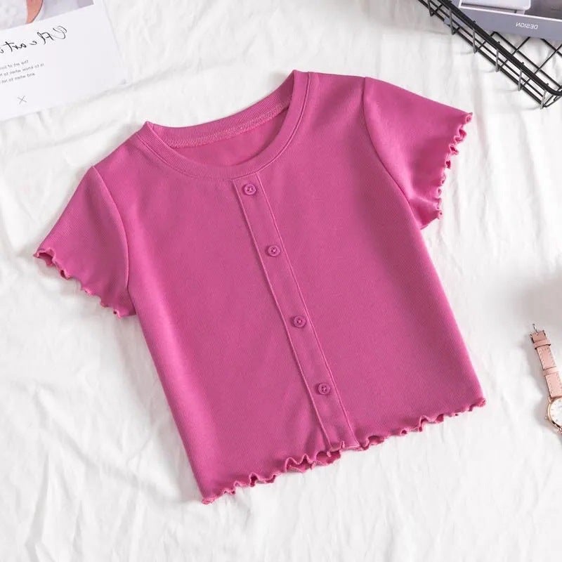 Girls' Summer Short-Sleeved T-Shirt Baby'S Western Style Children'S Personality Trendy Brand Ear-Edged Button Modal Internet Popular Top - Image 4