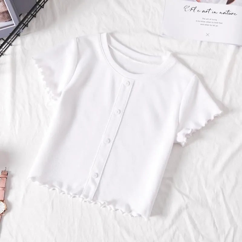 Girls' Summer Short-Sleeved T-Shirt Baby'S Western Style Children'S Personality Trendy Brand Ear-Edged Button Modal Internet Popular Top - Image 1