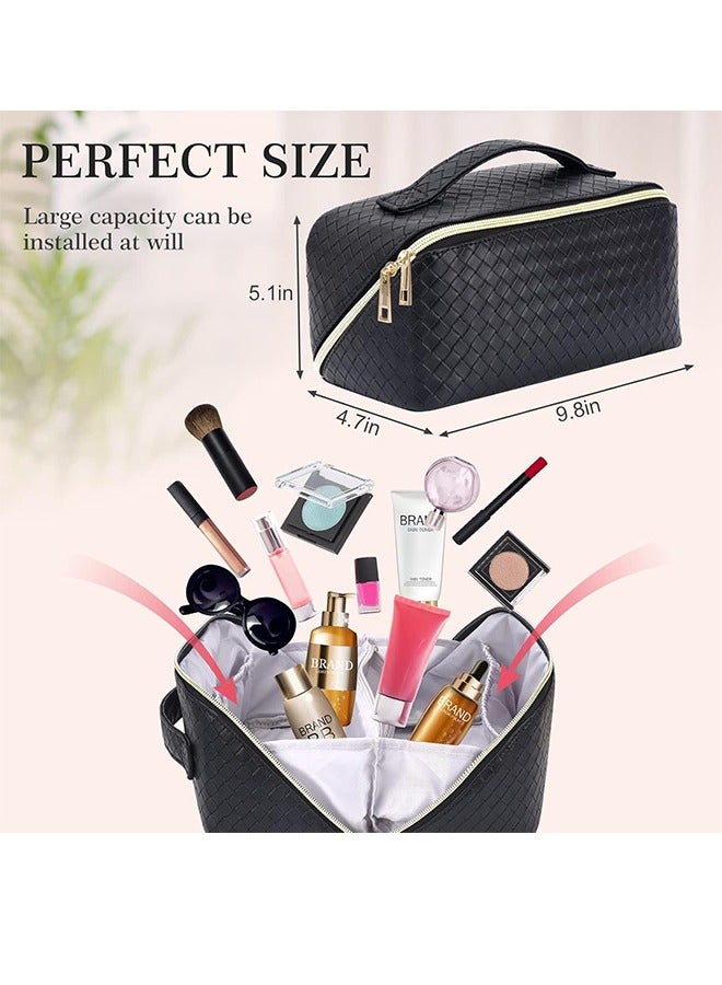 Generic Large-Capacity Travel Cosmetic Bag, Leather Makeup Bag With Handle, Waterproof Portable Toiletry Bag, Multifunctional Make Up Organizer With Separate Inner Pockets For Organized Storage, 24*11*12cm Black  - Image 2