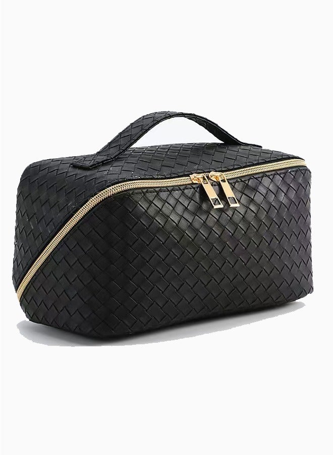 Generic Large-Capacity Travel Cosmetic Bag, Leather Makeup Bag With Handle, Waterproof Portable Toiletry Bag, Multifunctional Make Up Organizer With Separate Inner Pockets For Organized Storage, 24*11*12cm Black  - Image 1