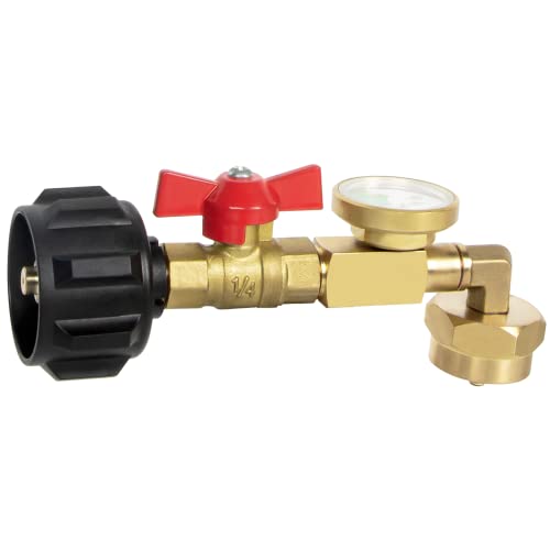 GASPRO Upgraded Propane Refill Adapter with Valve and Gauge, Fill 1 lb Bottles from 20 lb Tank, 90-Degree Elbow Design, Easy to Use, Solid Brass - Image 1
