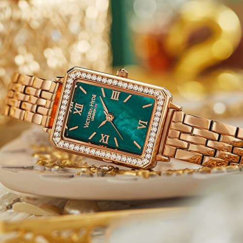 VICTORIA HYDE Rectangular Green Face Rose Gold Watches for Women, Stainless Steel Women Watch - Image 2