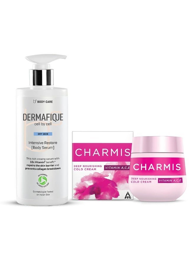 Dermafique Intensive Restore Body Lotion Serum (300ml) + Charmis Deep Nourishing Cold Cream (200ml) | Suitable for Winters & 100 hour Deep moisturisation | Dermatologist Tested - Image 1