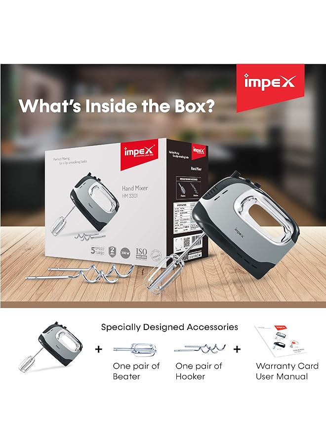 Impex Hm3301 5 Speed Hand Mixer Egg Beater Dough Maker 300 Watts Black And White - Image 5