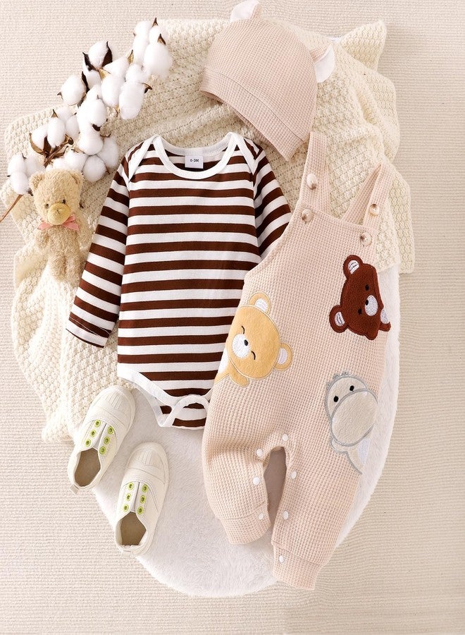 FOCICI Baby Boy Clothes 0-3 Months Newborn Long Sleeve Striped Romper + Cartoon Adjustable Suspender Overall Fall Winter Outfits + Cute Hat Beige 0-3 Months - Image 2