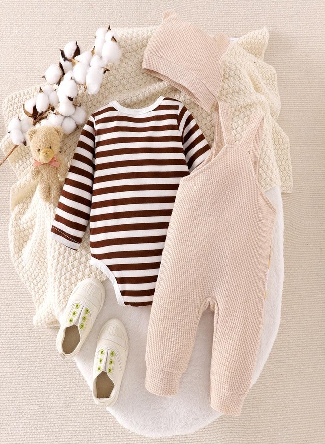 FOCICI Baby Boy Clothes 0-3 Months Newborn Long Sleeve Striped Romper + Cartoon Adjustable Suspender Overall Fall Winter Outfits + Cute Hat Beige 0-3 Months - Image 3