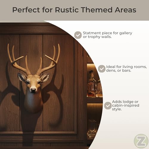 HD 8 Point Buck Wall Mounted Fake Deer Head Faux Taxidermy Antler Animal Sculpture 13 Inch High Resin Fall Dining Room Wall Decor and Rustic Cabin Decoration - Image 3