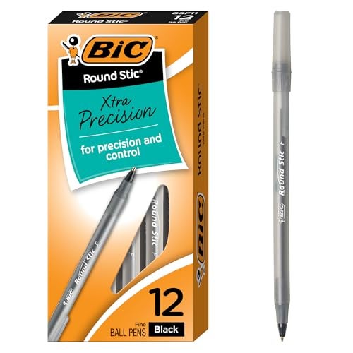 BIC Round Stic Xtra Precision Fine Black Ballpoint Pens, Medium Point (0.8 mm), 12-Count Pack, Excellent Writing Pens - Image 1