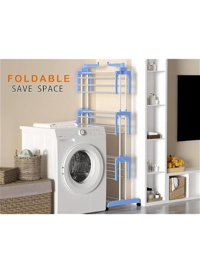 Airer Clothes Drying Rack,4-Tier Foldable Clothes Hanger Adjustable Large Stainless Steel Garment Laundry Racks for Indoor Outdoor (Blue) - Image 3