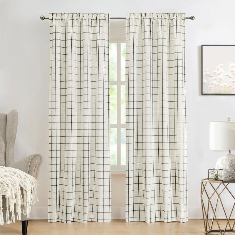 Amzdecor Buffalo Plaid Window Treatment Set,Light Filtering Curtain Woven Lines Pattern Drapes for Living Room and Bedroom, Semi Sheer Rod Pocket Modern Farmhouse Style 2 Panels 40"x84"x2,Beige&Black - Image 1