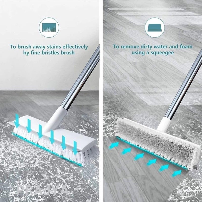 PRAJYA Bathroom Stainless Steel Cleaning Brush With Wiper 2 In 1 Tiles Cleaning Brush Floor Scrub Brush With Long Handle White Scrubbing Brush Cleaning Brush - Image 2