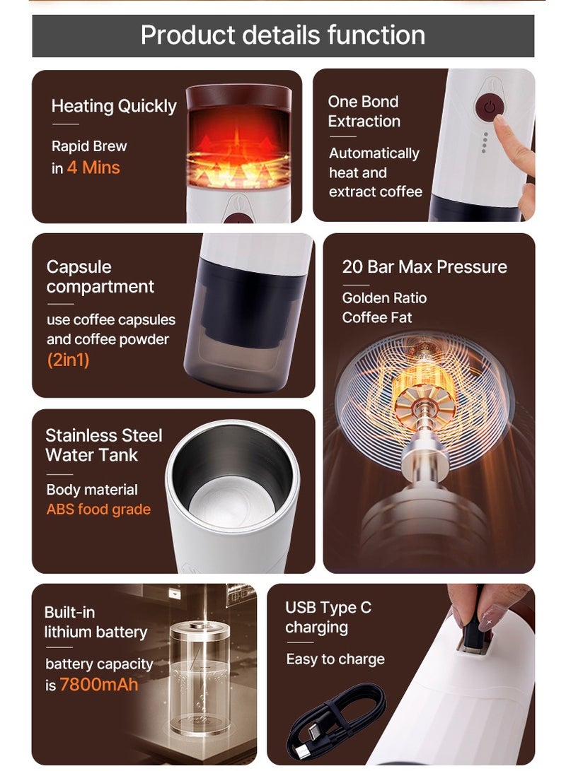 Portable Espresso Coffee Machine Takeawake, Self-Heating, 20 Bars Pressure, 2 in 1 Compatible with Ground Coffee and NS Capsules, Premium Battery Capacity (Brown)  - Image 2