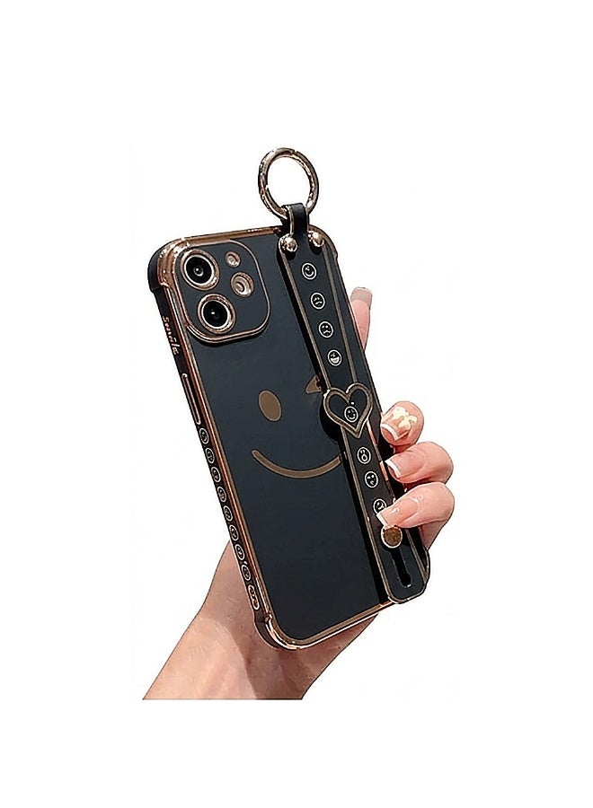 Q TRIPLE A Luxury & Beautiful Case for iPhone 12 | Super Girly Design | Electroplated Smiley & Emoji | Protective & Soft Cover | with Adjustable Finger Strap & Kickstand | Anti-Fall Fashion Case for Women & Girls | Special or Party & Events | Color (Black) - Image 1