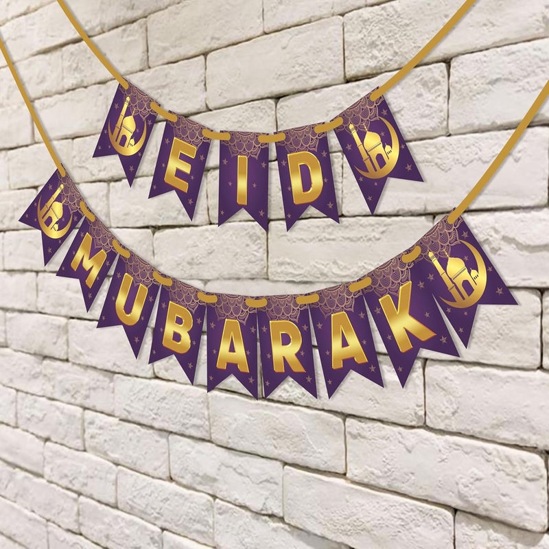 WOBBOX Eid Mubarak Purple Golden Color Bunting Banner Ramadan Decoration Items Eid Mubarak Decorations - Image 4