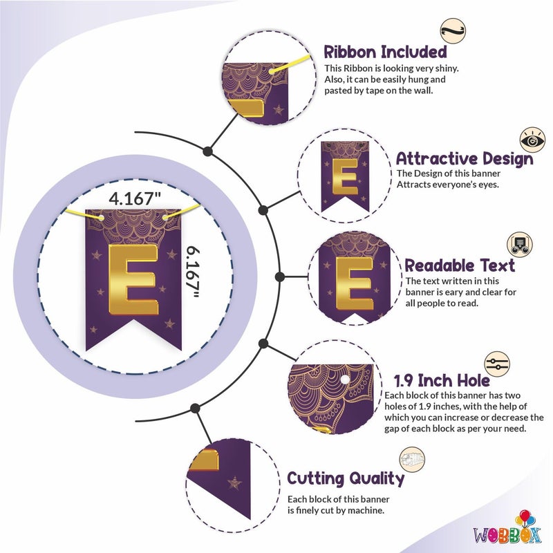 WOBBOX Eid Mubarak Purple Golden Color Bunting Banner Ramadan Decoration Items Eid Mubarak Decorations - Image 2
