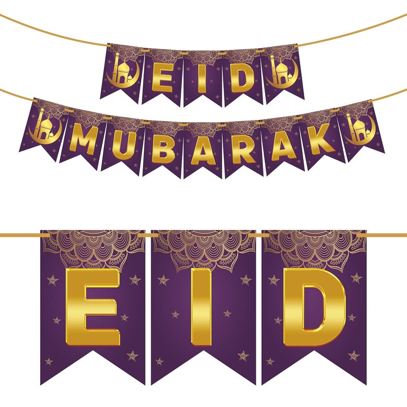 WOBBOX Eid Mubarak Purple Golden Color Bunting Banner Ramadan Decoration Items Eid Mubarak Decorations - Image 1