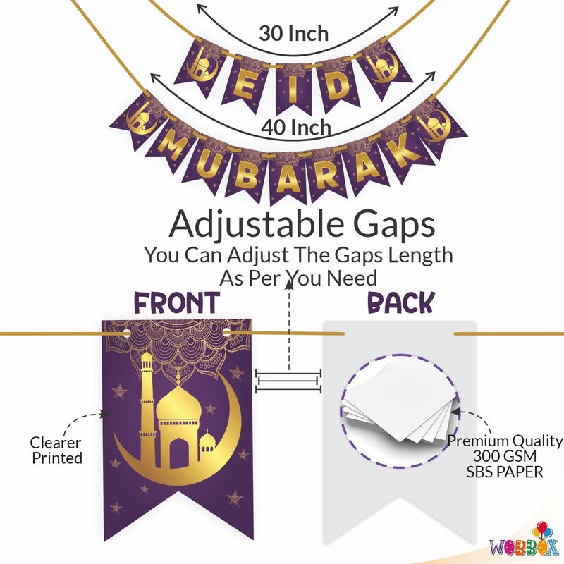 WOBBOX Eid Mubarak Purple Golden Color Bunting Banner Ramadan Decoration Items Eid Mubarak Decorations - Image 3