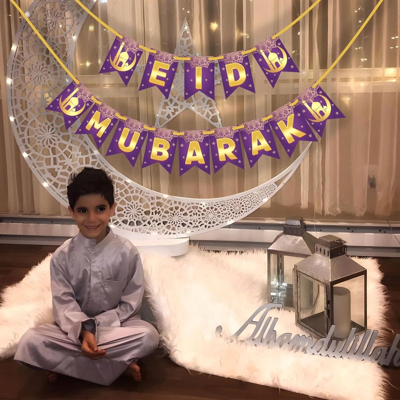 WOBBOX Eid Mubarak Purple Golden Color Bunting Banner Ramadan Decoration Items Eid Mubarak Decorations - Image 5