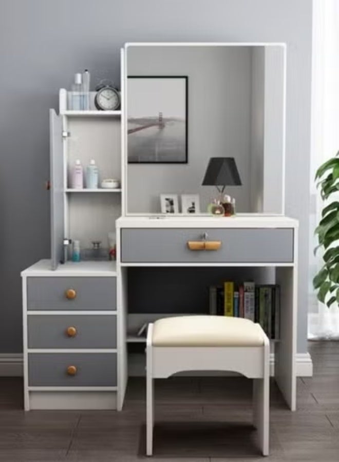 رافين طقم طاولة تزيين عصري مع كرسي مريح، ومرآة كبيرة شفافة، وأدراج ورفوف تخزين متعددة، وطاولة تزيين خشبية أنيقة لغرفة النوم، ووحدة تزيين للعناية الشخصية والتجميل للنساء والفتيات 80 × 132 سم. - Image 1